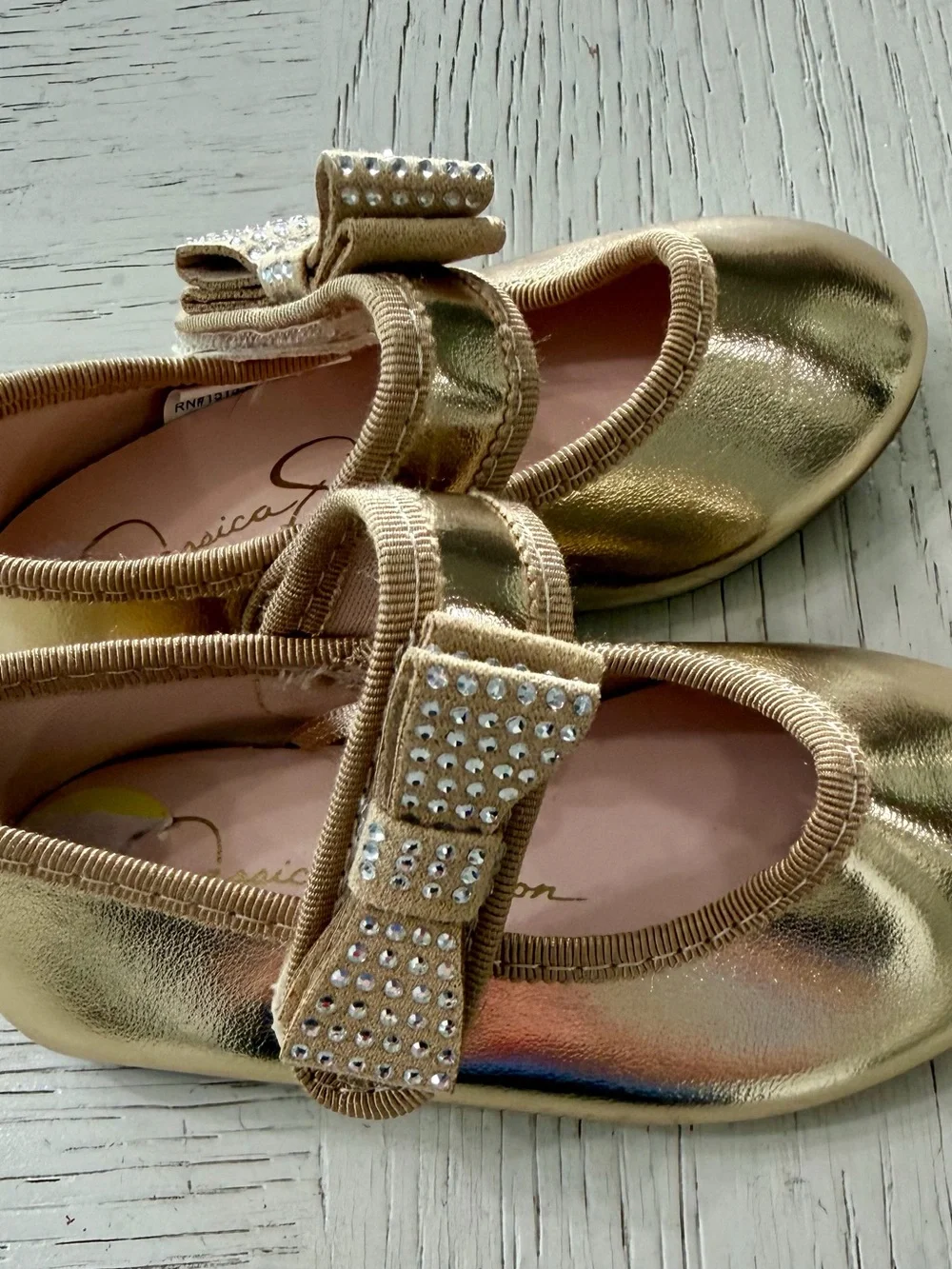 Jessica Simpson Gold Mary Jane Slip-on Faux Patent Dress Shoes Rhinestone Bow 5